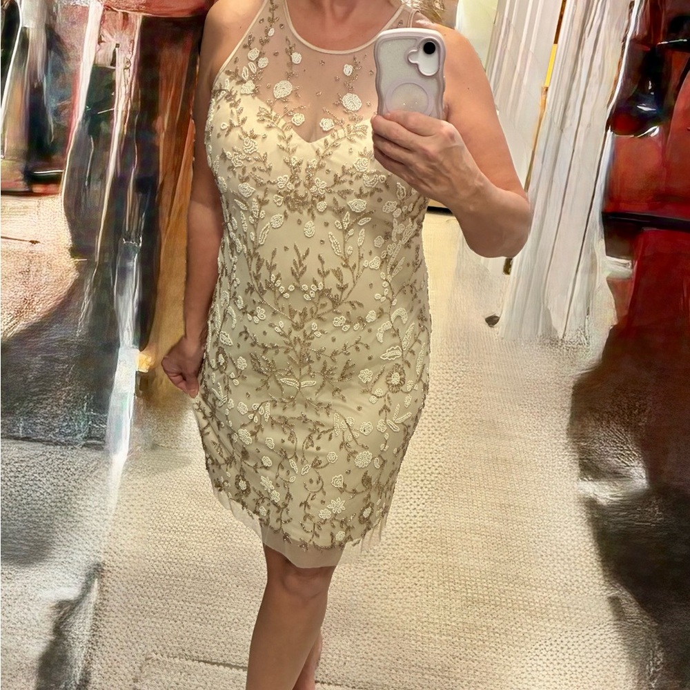 Aidan Mattox Beige Floral Midi Dress